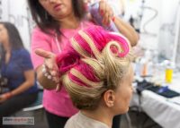 Dinair Hair Stylist, Lisa, perfecting my pink and blonde updo